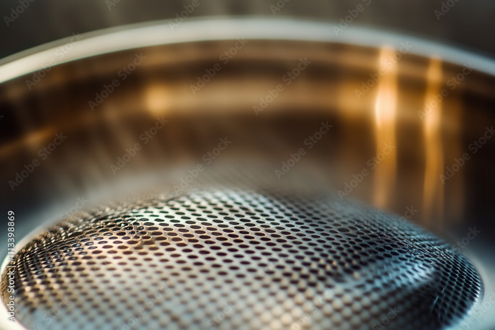 Poster close-up of a metallic mesh diffuser with steam.