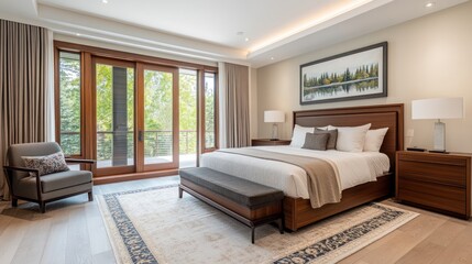 Fototapeta premium Modern Bedroom With Wooden Bed And Patio Access
