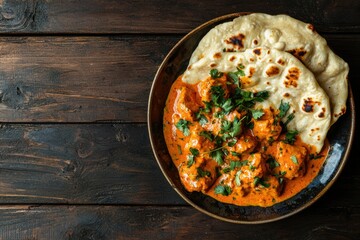 Delicious butter chicken with naan a culinary adventure in indian cuisine rustic wooden table setting food photography home kitchen vibrant colors and textures for food lovers