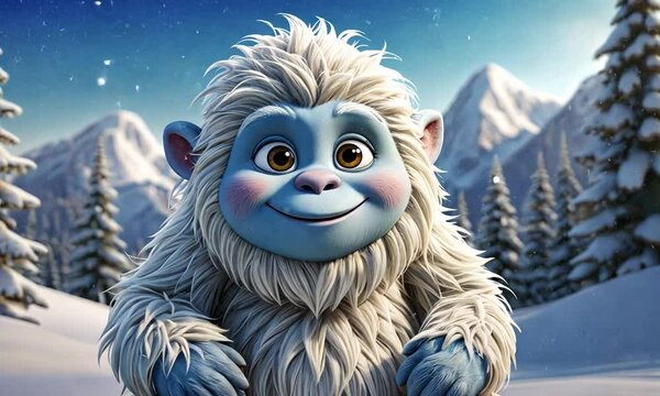 A cartoon character with a big smile on its face is sitting in the snow