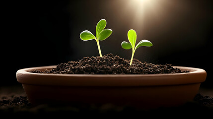 Two green seedlings emerge from dark soil.