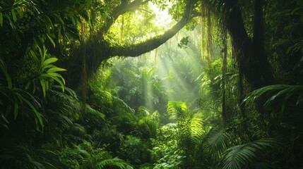 Naklejka premium Lush Rainforest Sunlight Beams Through Canopy