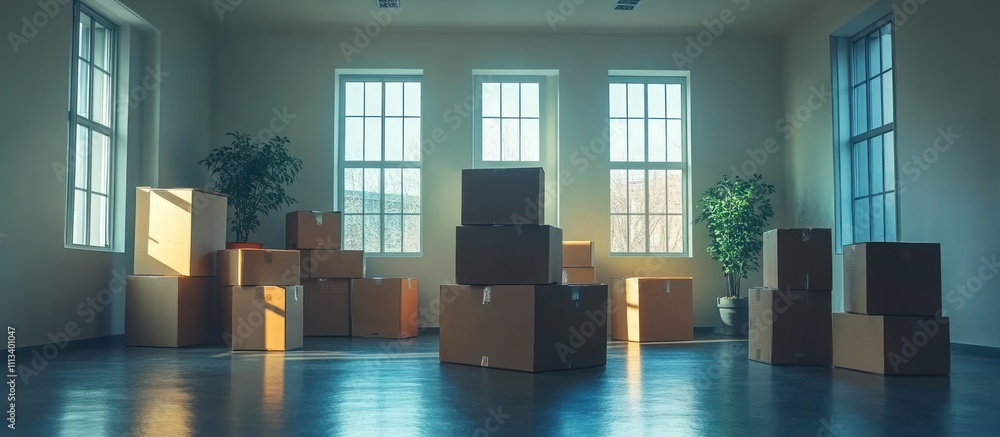 Poster empty room with large windows and cardboard boxes stacked on the floor.