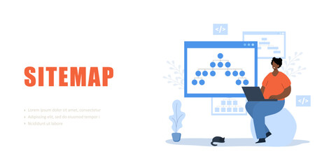 Sitemap creation concept. Website creation tool. SEO optimization. African Female developer with laptop. Vector illustration.