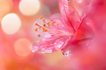 Close-up of a pink flower with water droplets, soft bokeh background.