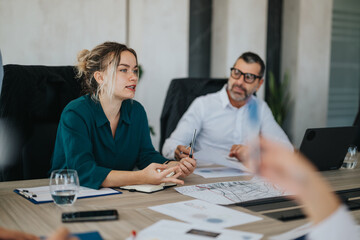 Multicultural business people engage in a collaborative meeting, exchanging ideas and strategies. The setting is a modern office environment, fostering teamwork, communication, and productivity among