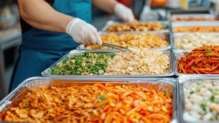 Obraz premium Vibrant Multicultural Dining Scene Featuring a Spread of Diverse International Cuisine Options at a Street Food Market Setting