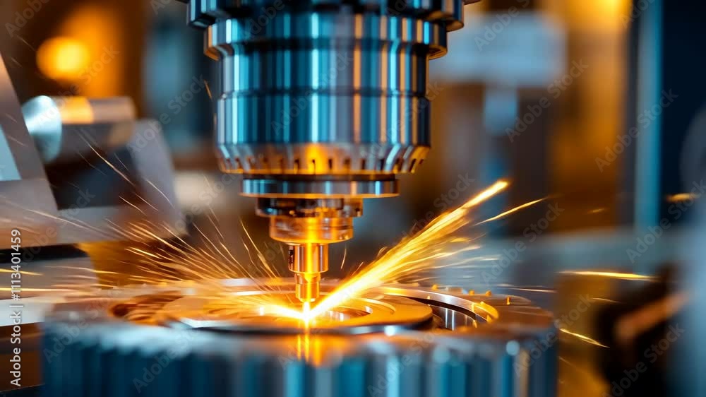 Poster high speed laser cutting technology creating sparks in workshop with advanced machines