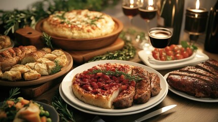 Obraz premium Festive birthday dinner with an array of delicious homemade dishes including a variety of savory and sweet treats surrounded by a cozy and intimate atmosphere with candles floral decor