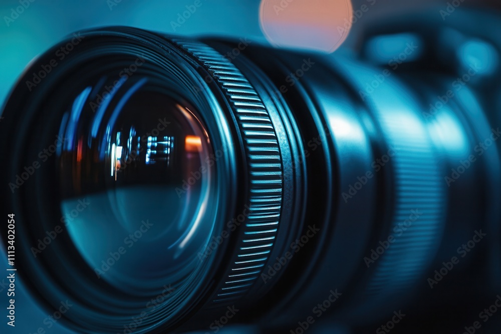 Poster close-up of a professional camera lens with bokeh background.