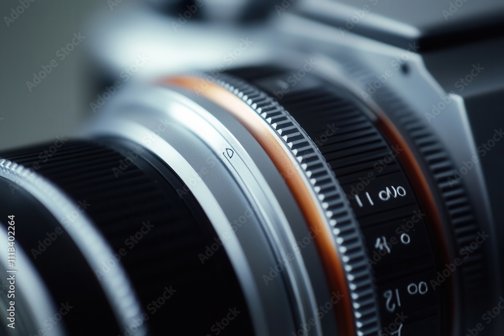 Poster close-up of a professional camera lens with depth of field markings.