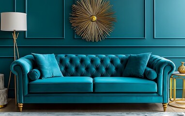 Teal velvet chesterfield sofa in a teal and gold living room.