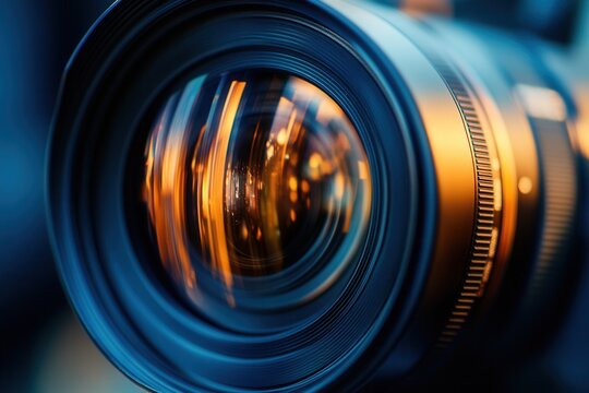 Close-up of a professional camera lens with warm light reflections.