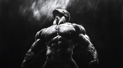 Dramatic black and white charcoal drawing of a muscular man with his head tilted back, arms outstretched, showcasing his powerful physique against a dark, textured background.