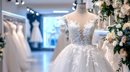 Elegant Lace Wedding Dress in Bridal Shop Flowers Decor