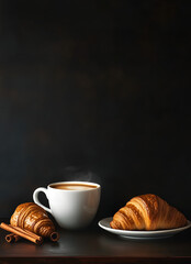 Black background, coffee and croissant on the table, flat composition