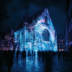 Fototapeta premium Nighttime building, light projection, people watching.