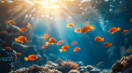 Fototapeta premium Vibrant Underwater Scene of Colorful Fish Swimming in Coral Reef with Sunlight Rays