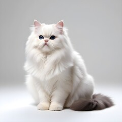 A fluffy white cat with long fur sitting gracefully on a light background, radiating elegance and charm, perfect for pet or animal-themed designs and creative works.	