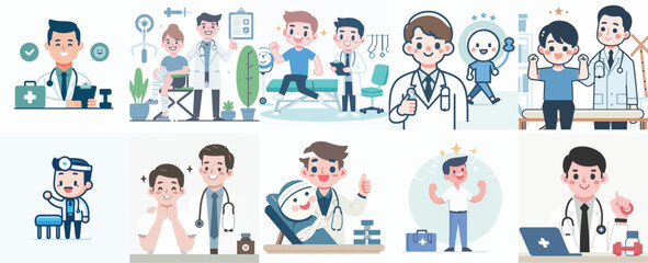 Vector set of a happy physical therapist with a simple and minimalist flat design style. plain white background