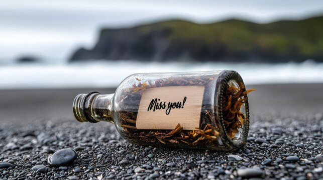 Communication barriers and lost messages concept. A glass bottle with a message reading "Miss you" lies on a sandy beach, surrounded by pebbles and framed by a blurred coastal background. - Powered by Adobe