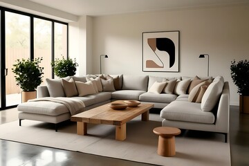 Modern living room with large sectional sofa, wooden coffee table, and abstract art.