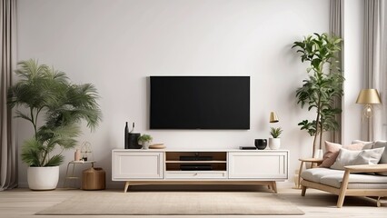 Create a mockup of a TV wall that is decorated and placed on a white wall in the living room.-
