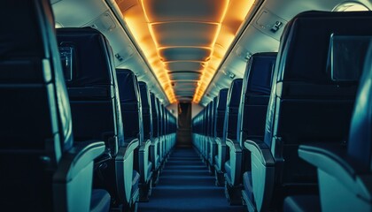 Fototapeta premium Classic commercial airplane cabin design with standard seating configuration.