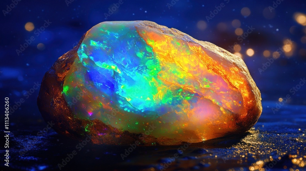 Poster a luminous opal stone displaying vibrant colors and intricate patterns.