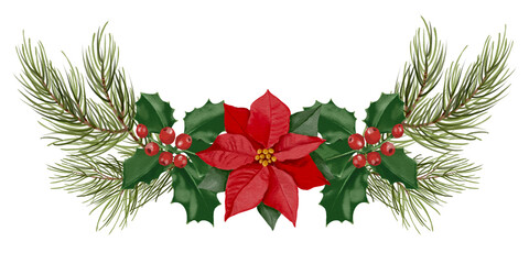 christmas wreath with red poinsettia Hand drawn illustration on a transparent background