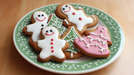 Obraz premium Colorful Christmas Gingerbread Cookies on Festive Plate