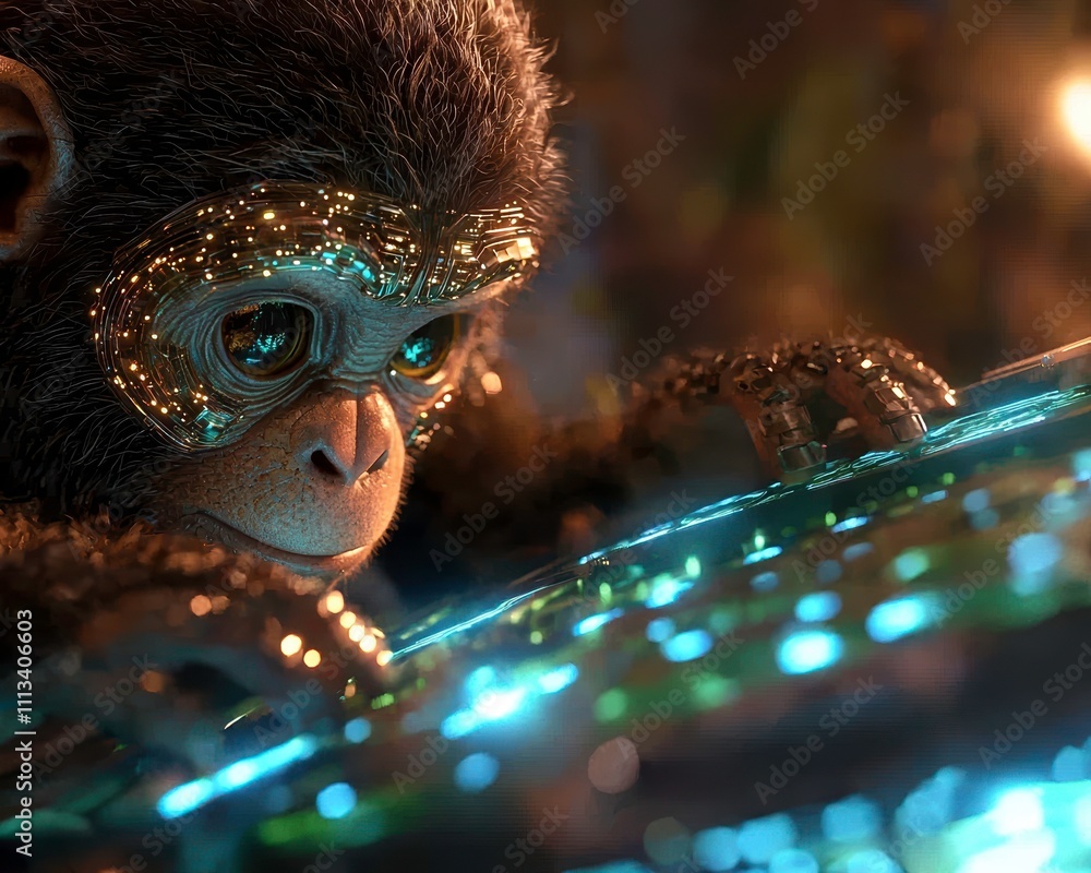 Poster cybernetic monkey interacting with high-tech interface in futuristic jungle environment