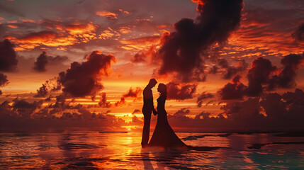 Couple�s Wedding at Beach Sunset: A couple celebrating their wedding on the beach at sunset, creating a romantic and scenic backdrop.