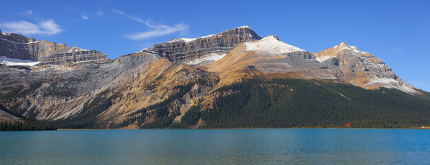 Scenic clear water Bow lake and mountains in Banff national park