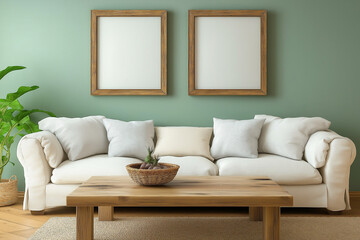 Fototapeta premium Rustic coffee table near sofa against green wall 