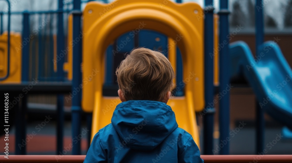 Poster a child observing a playground with slides and structures in a quiet setting.