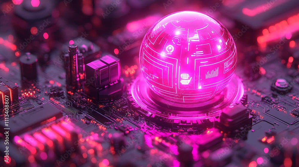 Poster glowing sphere with data on circuit board.