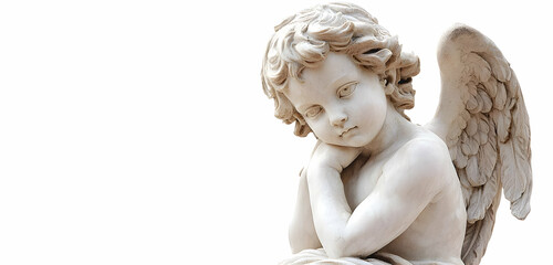 A classic statue of Cupid as a cherub, isolated on a white background, ideal for use in romantic or mythological-themed designs and graphics.