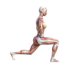 ストレッチをする筋肉の女性人体模型の3Dイラスト 全身 横向き