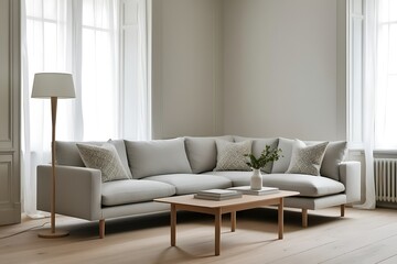 Light grey corner sofa in minimalist living room with wooden coffee table, floor lamp, and natural light.