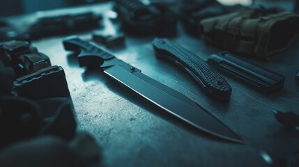 A collection of tactical tools and knives displayed on a surface.