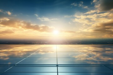 Solar panels extend across a bright field, capturing solar energy, with glimpses of a city skyline showing urban commitment to renewables.