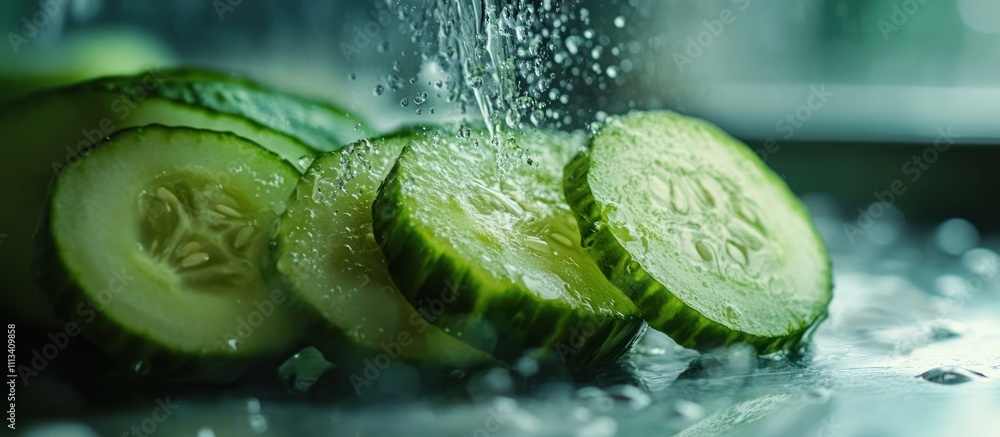 Poster close up of fresh cucumber slices being rinsed under running water, with water droplets splashing ar