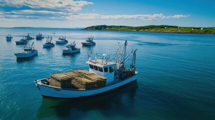 Obraz premium Lobster Boats Harbor Coastal Maine Fishing Vessels Ocean Summer