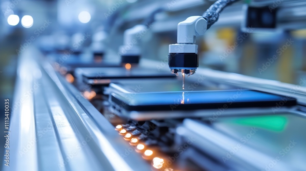 Aufkleber automated robotic arm applying liquid to screens on assembly line. shows precision manufacturing pro