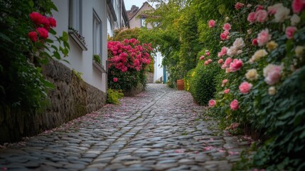 Fototapeta premium Rose petals fall along a cobblestone lane between houses