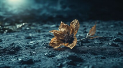 Golden Flower on Dark, Rocky Surface Nocturnal, Artistic, Still Life
