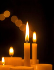 A Close-up Picture Christmas Candles burning at night, Candles Burning in the Dark, 