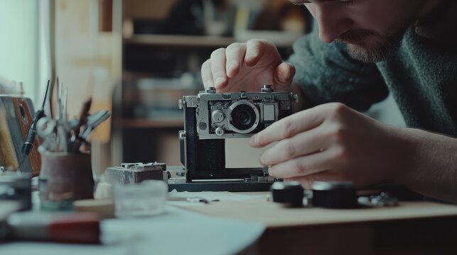 An expert repairing a delicate camera shutter mechanism in a quiet and clean workspace