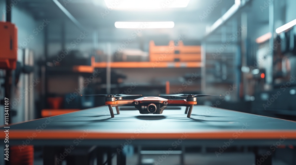 Poster a drone positioned on a table in a dimly lit workshop, highlighting technology and innovation.